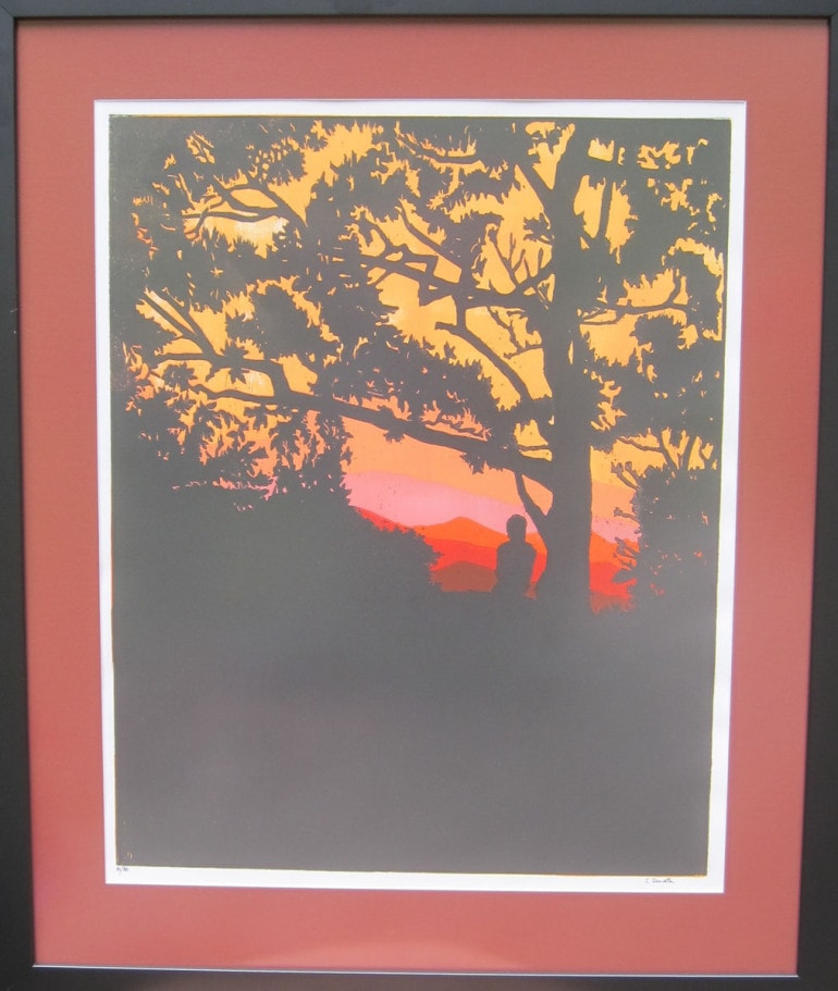 Hiker at Sunset -Reds- Framed